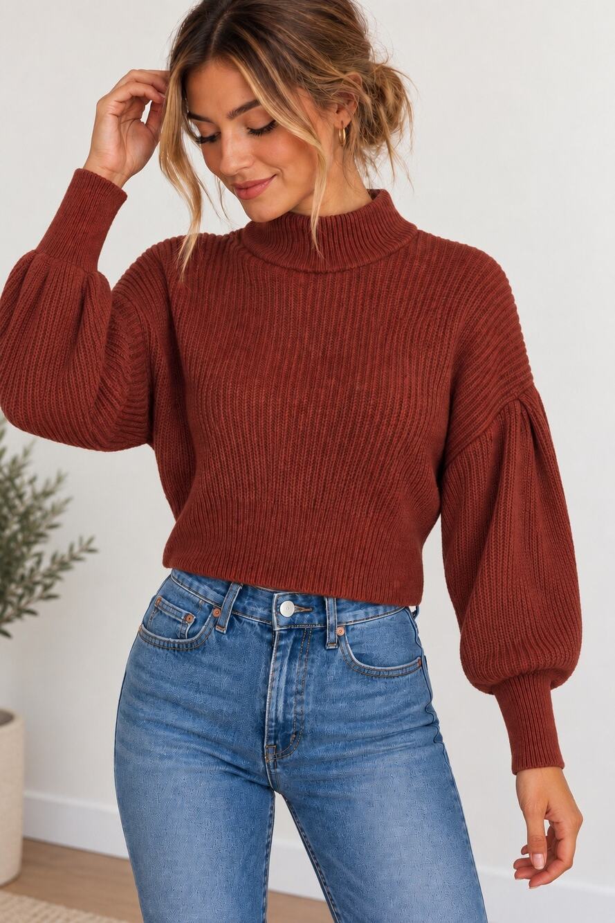 Express Rust Balloon Sleeve Cropped Turtleneck Sweater XS